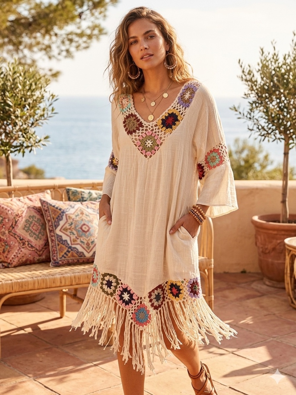 Cream Boho Crochet-Trim Cover Up Dress with Multicolor Accents
